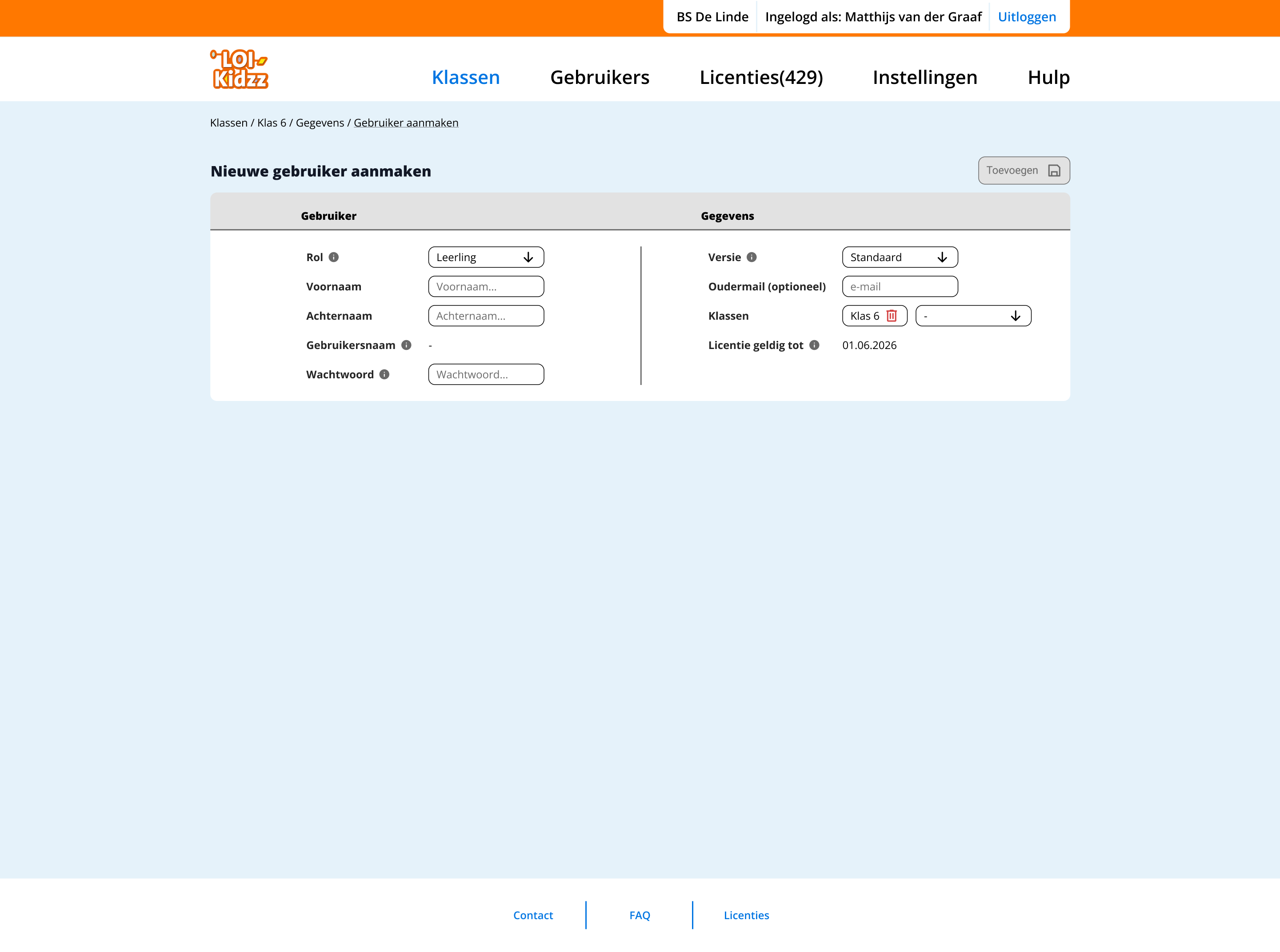 User creation form for selecting roles such as student or teacher with contextual help tooltips